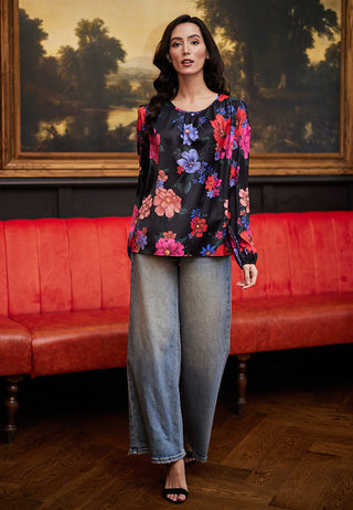 Floral satin black blouse