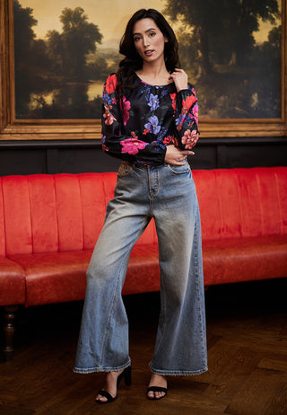 Floral satin black blouse