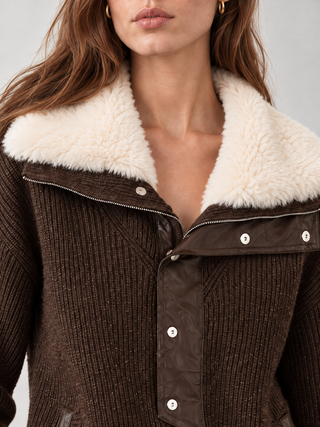 Wool Ribbed Jacket with Faux Shearling Collar