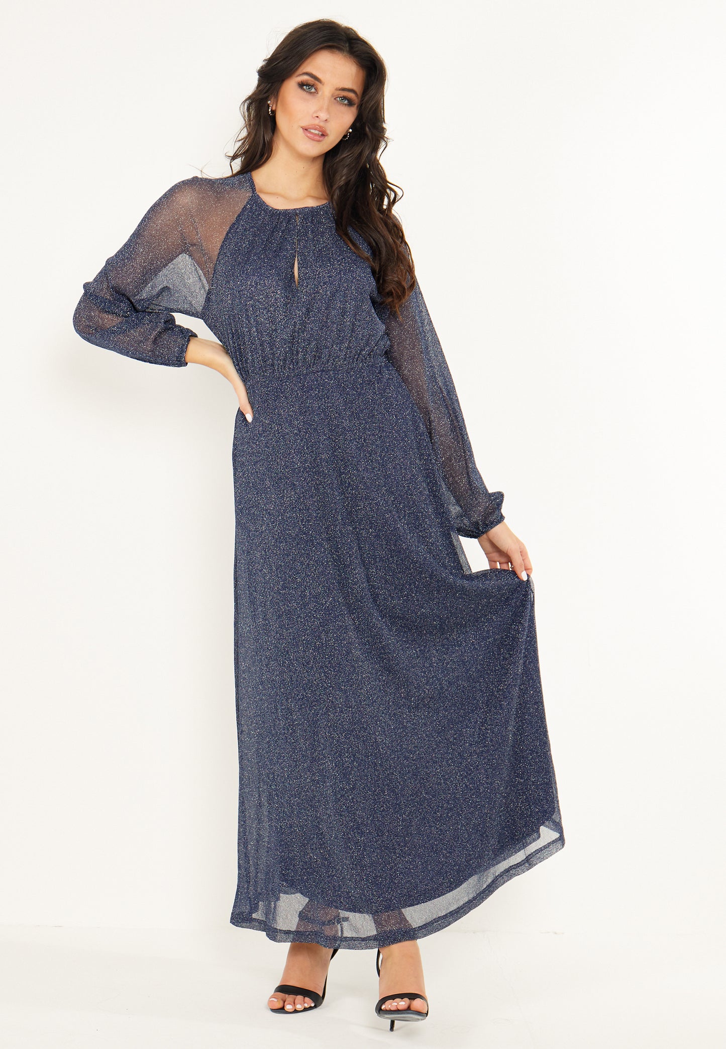 Long Sleeve Chiffon Maxi Dress Gold Lurex Flecking in Blue