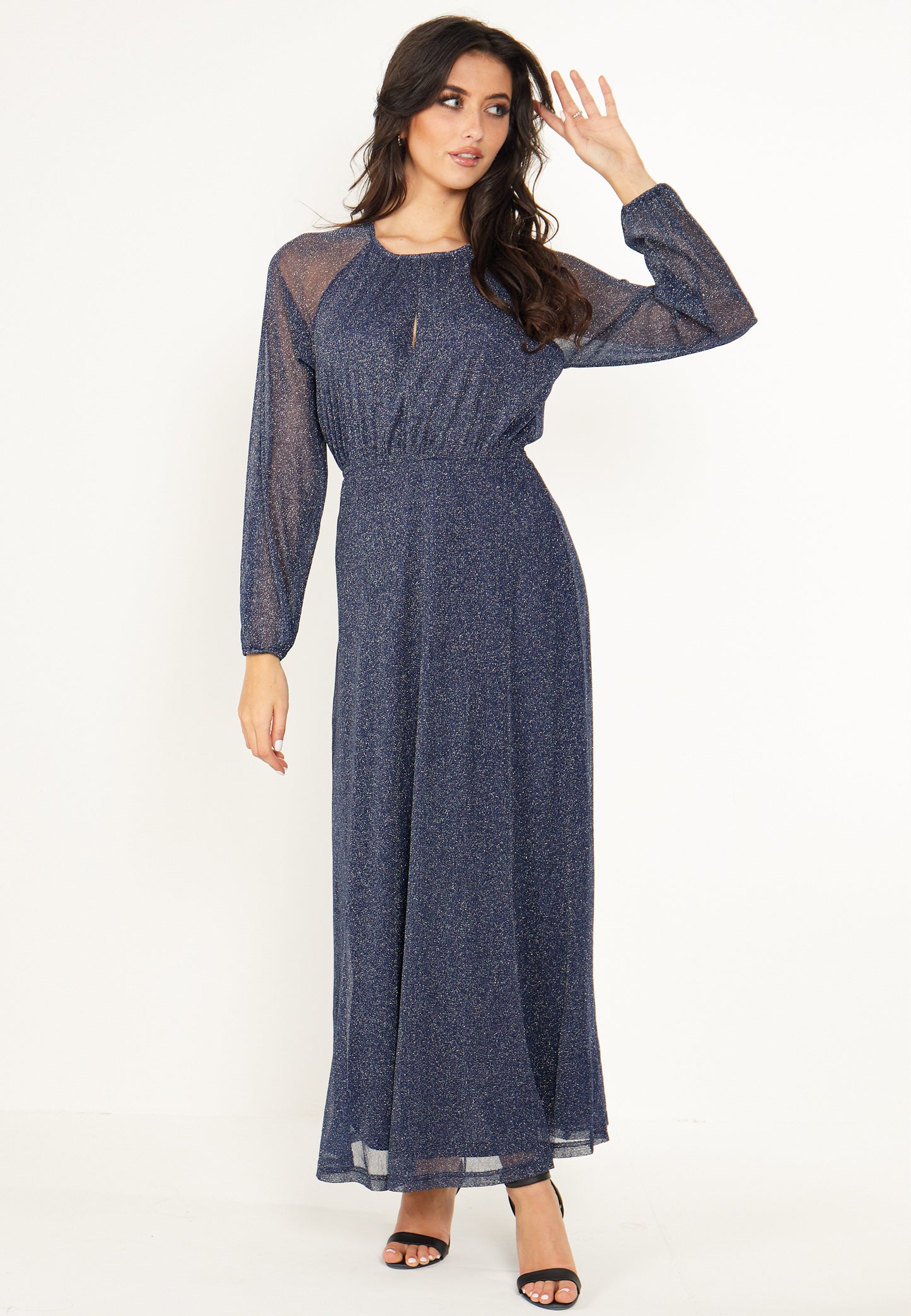 Long Sleeve Chiffon Maxi Dress Gold Lurex Flecking in Blue