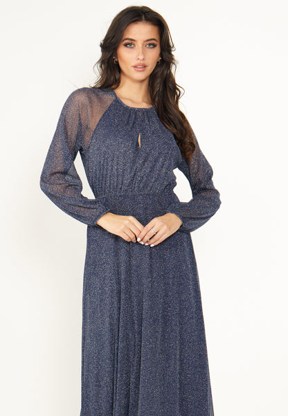 Long Sleeve Chiffon Maxi Dress Gold Lurex Flecking in Blue - ANGELEYE