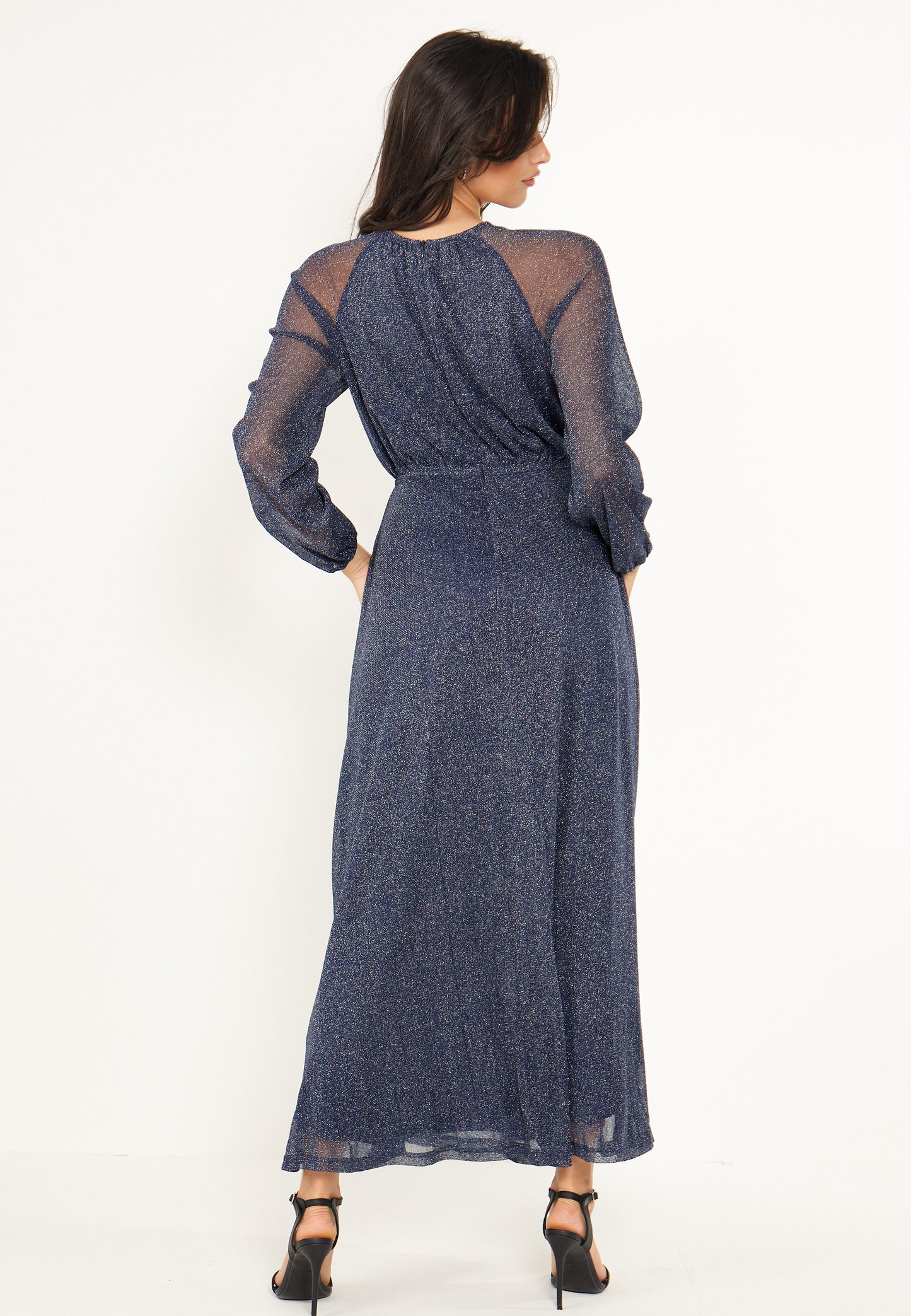 Long Sleeve Chiffon Maxi Dress Gold Lurex Flecking in Blue