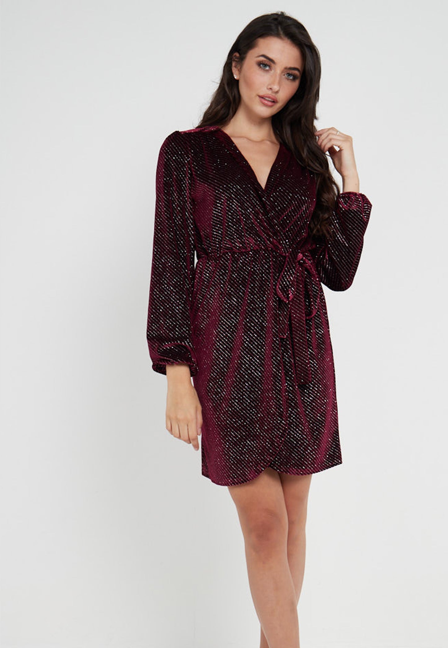 Velvet Wrap Mini Dress in Burgundy