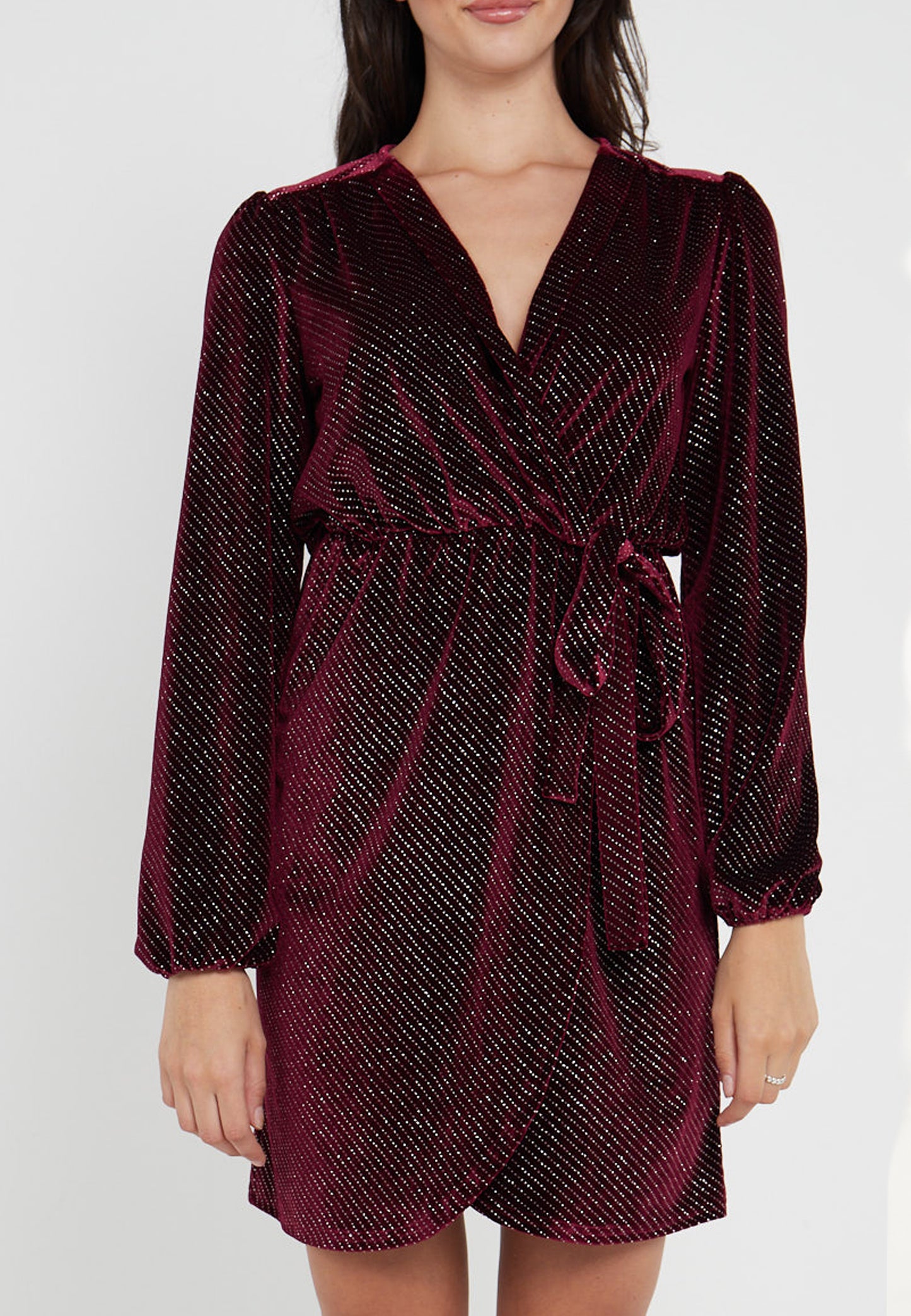 Velvet Wrap Mini Dress in Burgundy