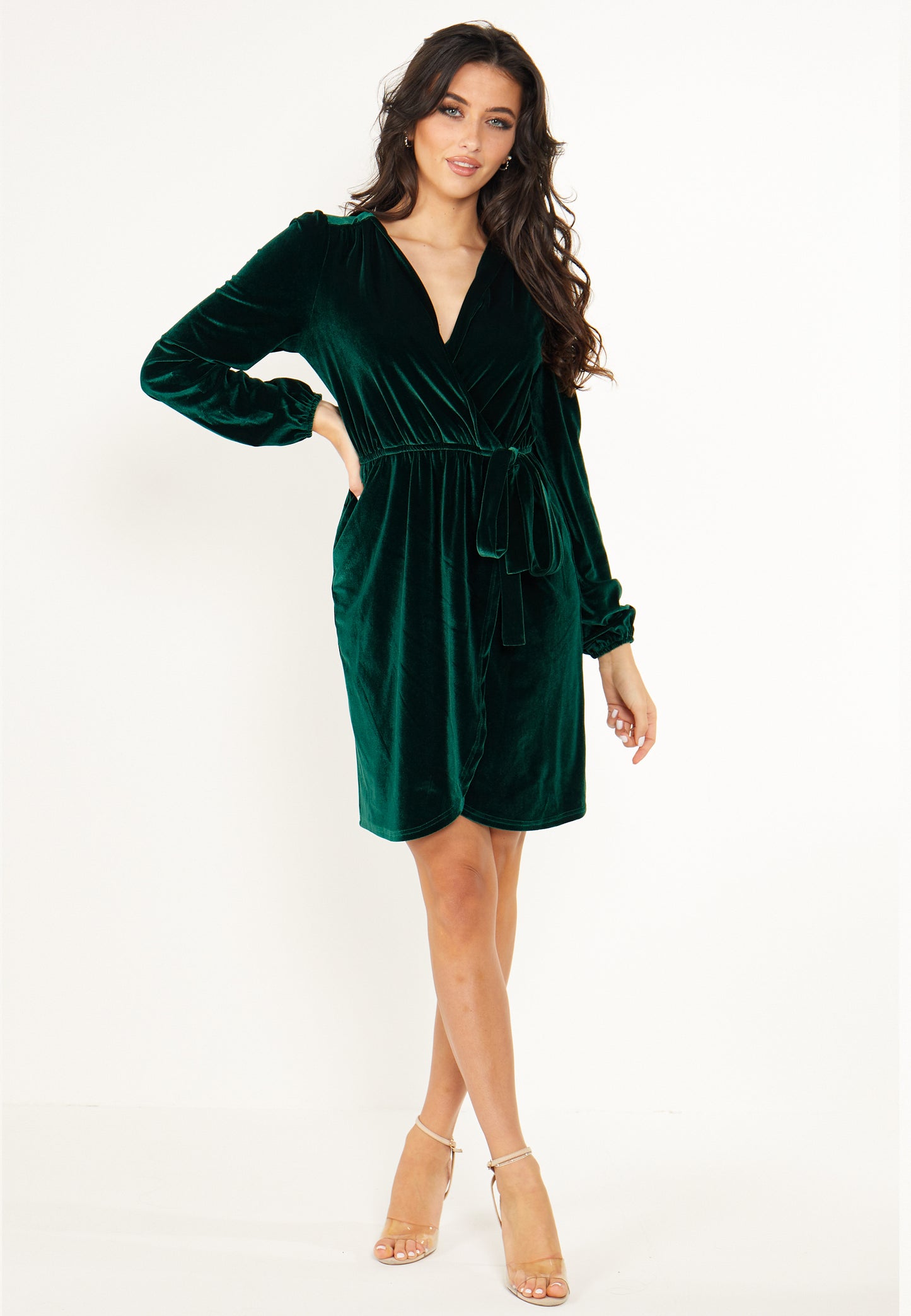 Velvet Wrap Mini Dress in Green