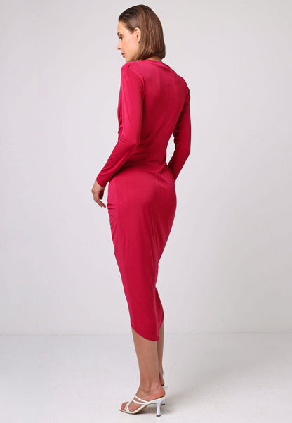 Bodycon Wrap Midi Dress With Long Sleeves In Fuchsia - ANGELEYE