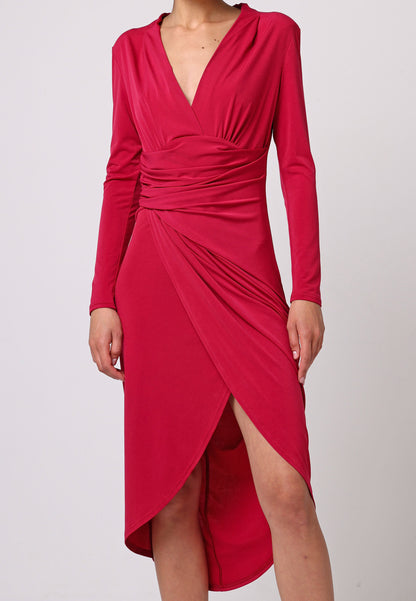 Bodycon Wrap Midi Dress With Long Sleeves In Fuchsia - ANGELEYE