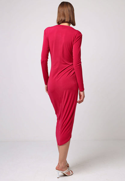 Bodycon Wrap Midi Dress With Long Sleeves In Fuchsia - ANGELEYE