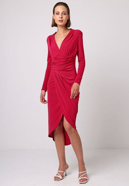 Bodycon Wrap Midi Dress With Long Sleeves In Fuchsia - ANGELEYE