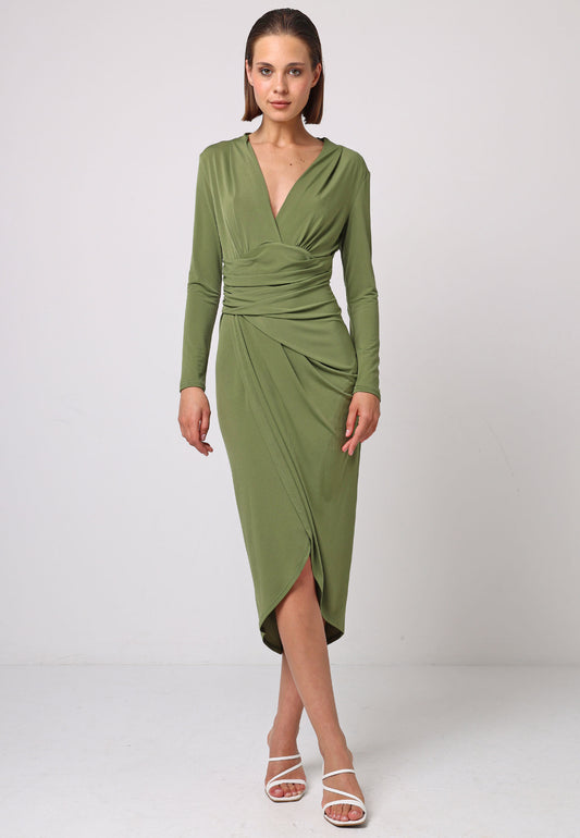 Bodycon Wrap Midi Dress With Long Sleeves In Khaki - ANGELEYE