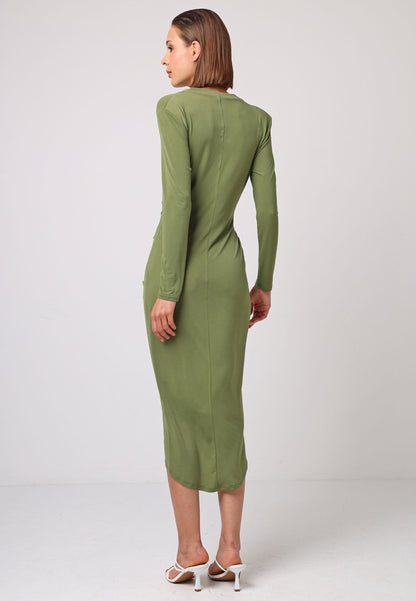 Bodycon Wrap Midi Dress With Long Sleeves In Khaki - ANGELEYE