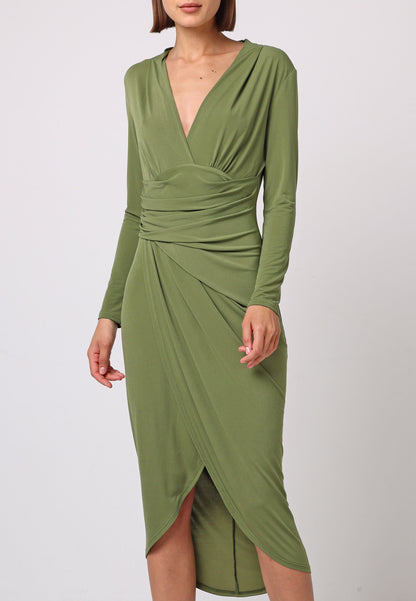 Bodycon Wrap Midi Dress With Long Sleeves In Khaki - ANGELEYE