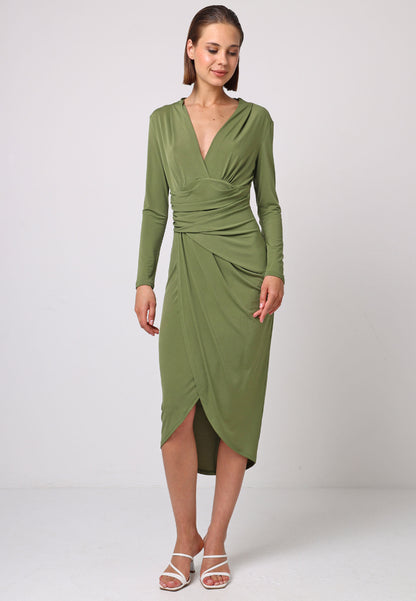 Bodycon Wrap Midi Dress With Long Sleeves In Khaki - ANGELEYE