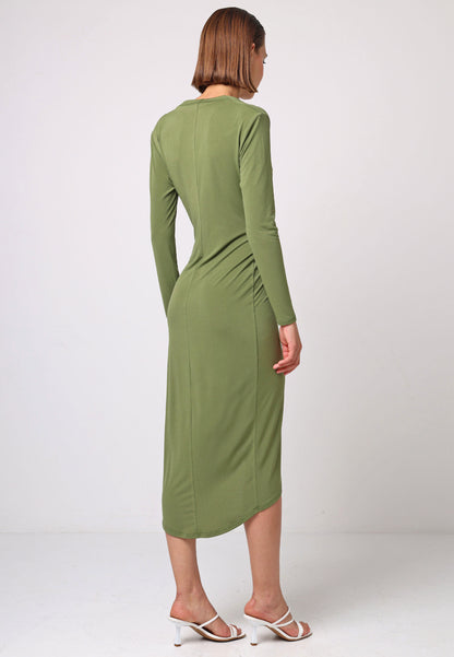 Bodycon Wrap Midi Dress With Long Sleeves In Khaki - ANGELEYE