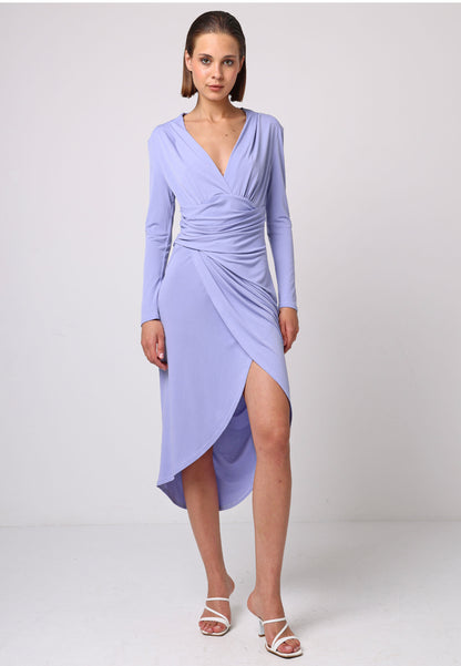 Bodycon Wrap Midi Dress With Long Sleeves In Lilac - ANGELEYE