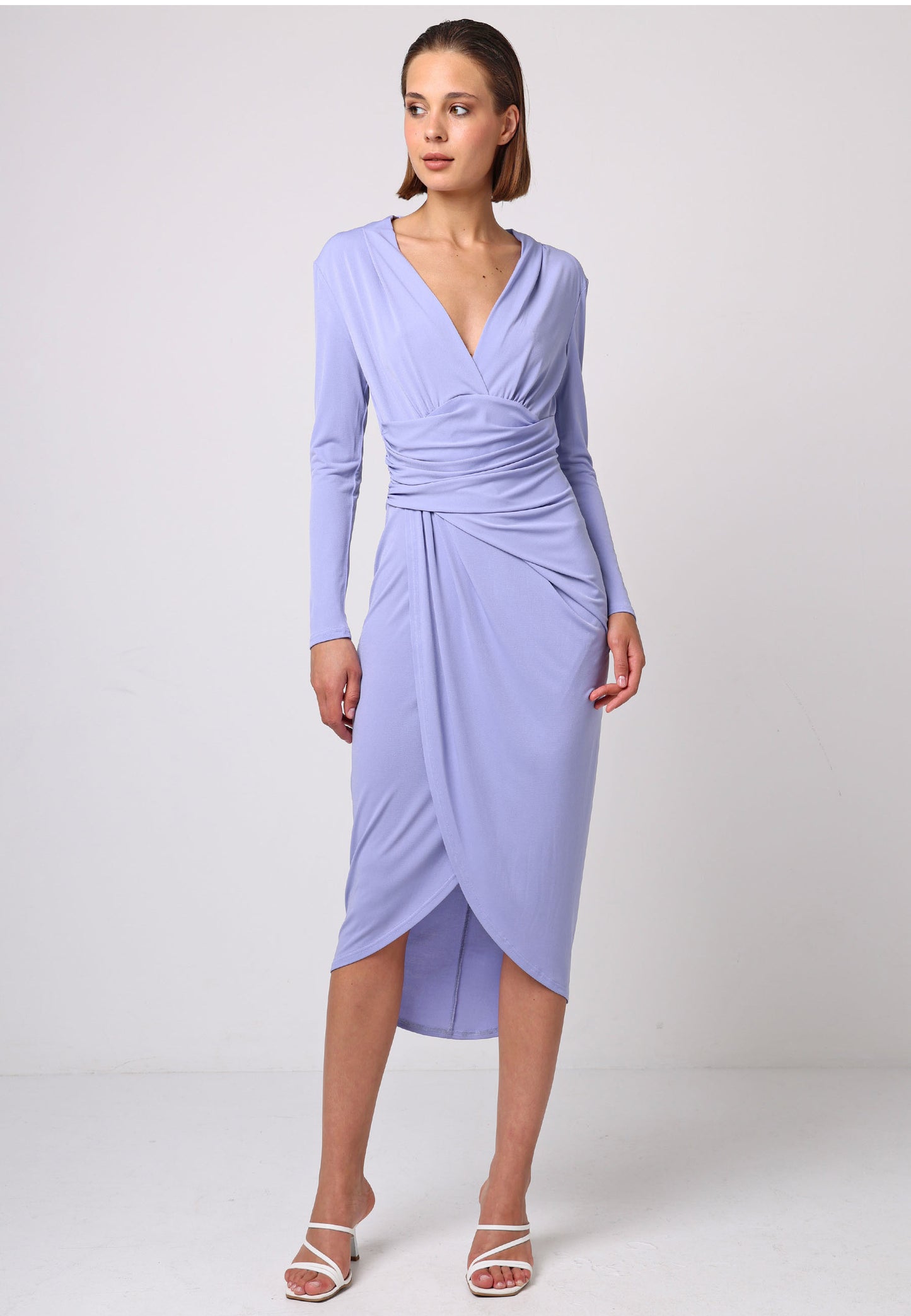 Bodycon Wrap Midi Dress With Long Sleeves In Lilac - ANGELEYE