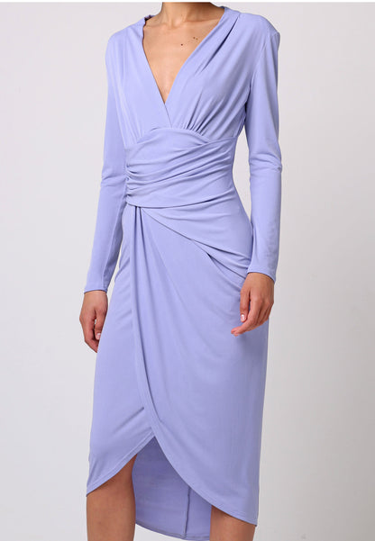 Bodycon Wrap Midi Dress With Long Sleeves In Lilac - ANGELEYE