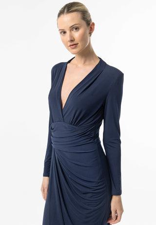 Faux Wrap Long Sleeves Midi Cocktail Dress in Navy - ANGELEYE