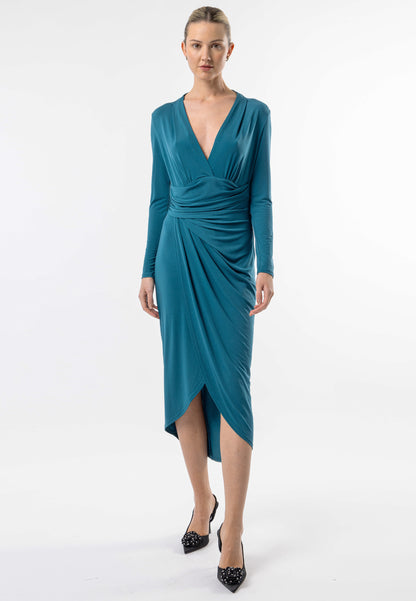 Faux Wrap Long Sleeves Midi Cocktail Dress in Teal - ANGELEYE