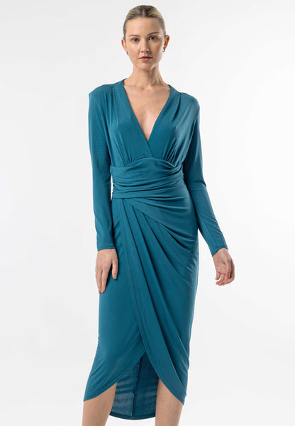 Faux Wrap Long Sleeves Midi Cocktail Dress in Teal - ANGELEYE