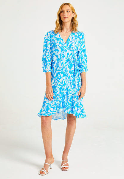 Midi Wrap Dress in Blue Leaf Print - ANGELEYE