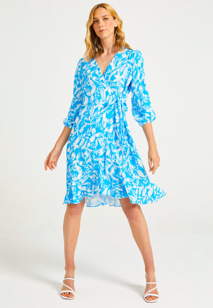 Midi Wrap Dress in Blue Leaf Print - ANGELEYE