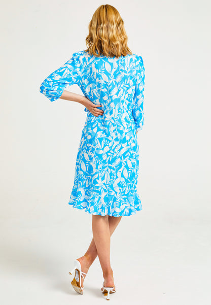 Midi Wrap Dress in Blue Leaf Print - ANGELEYE