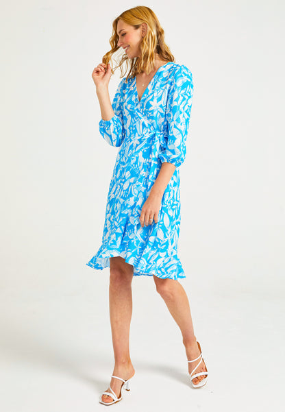 Midi Wrap Dress in Blue Leaf Print - ANGELEYE