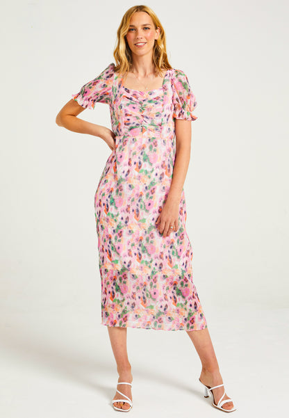 Pink Plisse Midaxi Dress in Abstract Print - ANGELEYE