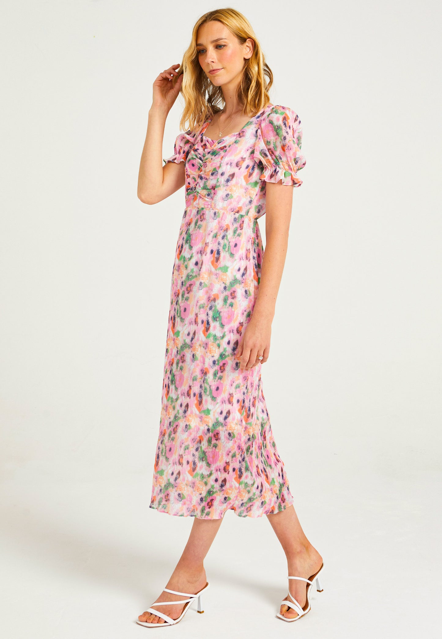 Pink Plisse Midaxi Dress in Abstract Print