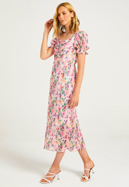 Pink Plisse Midaxi Dress in Abstract Print - ANGELEYE