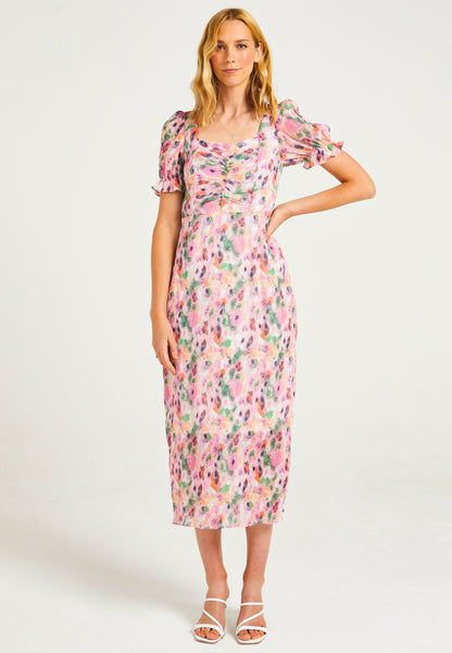 Pink Plisse Midaxi Dress in Abstract Print - ANGELEYE