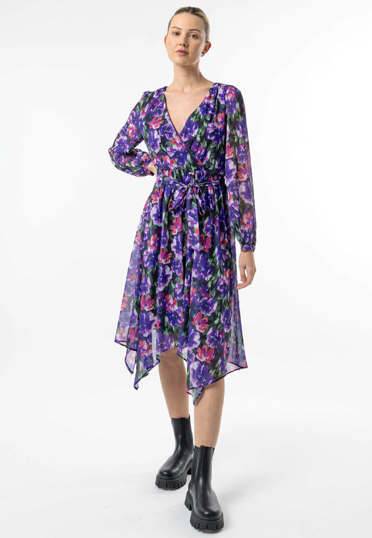 Faux Wrap Bias Hem Midi Dress in Purple Floral Print - ANGELEYE