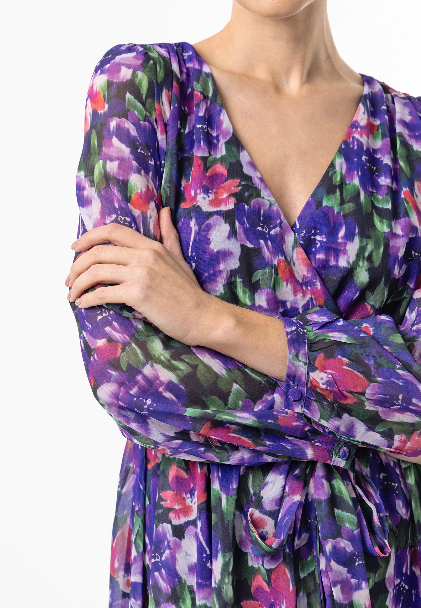 Faux Wrap Bias Hem Midi Dress in Purple Floral Print