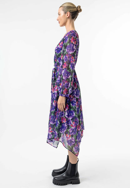 Faux Wrap Bias Hem Midi Dress in Purple Floral Print - ANGELEYE