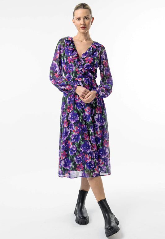 Faux Wrap Ruffle Detail Midi Dress in Purple Floral Print - ANGELEYE