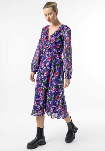 Faux Wrap Ruffle Detail Midi Dress in Purple Floral Print - ANGELEYE