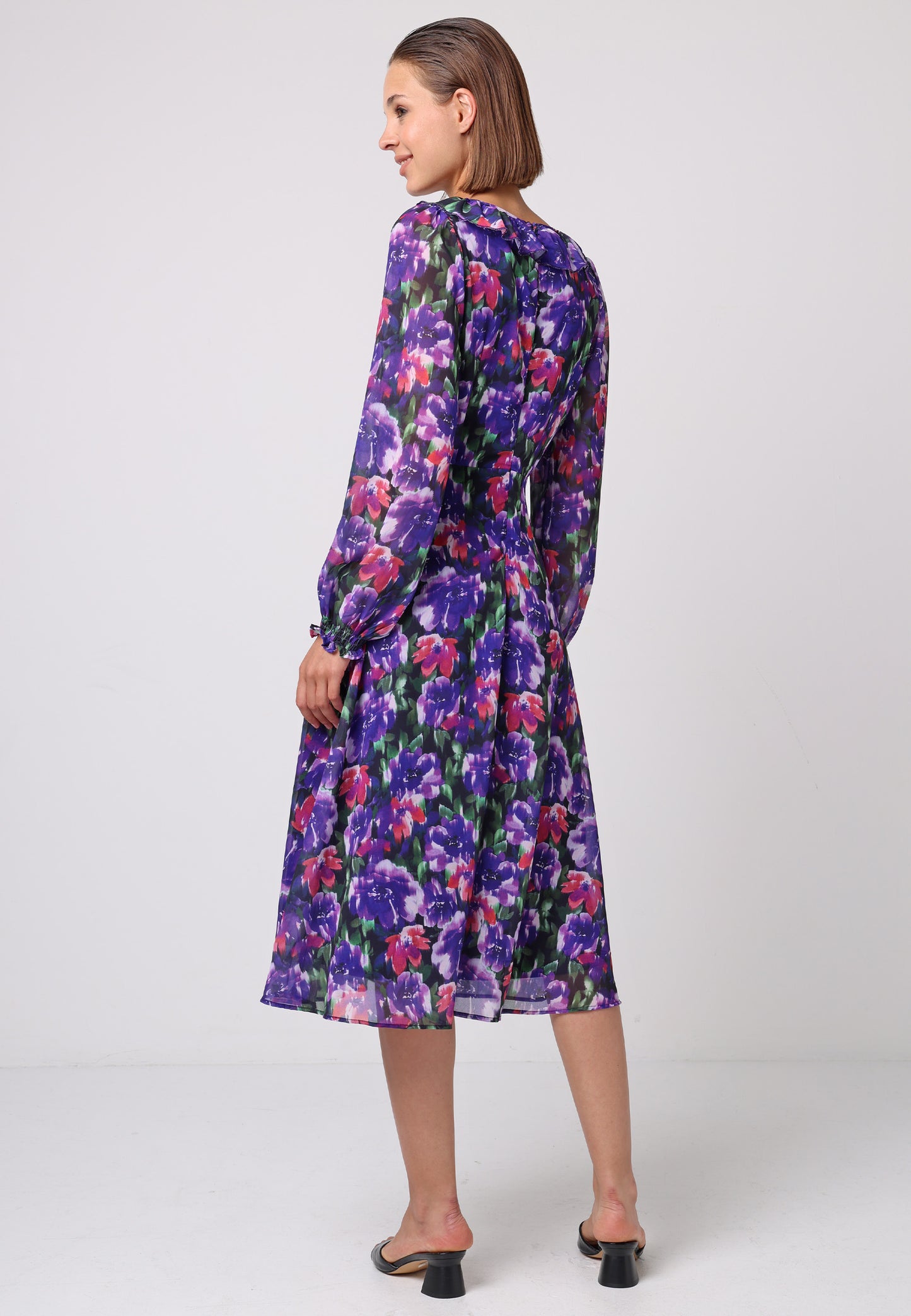 Faux Wrap Ruffle Detail Midi Dress in Purple Floral Print