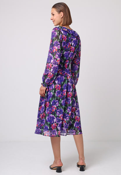 Faux Wrap Ruffle Detail Midi Dress in Purple Floral Print - ANGELEYE