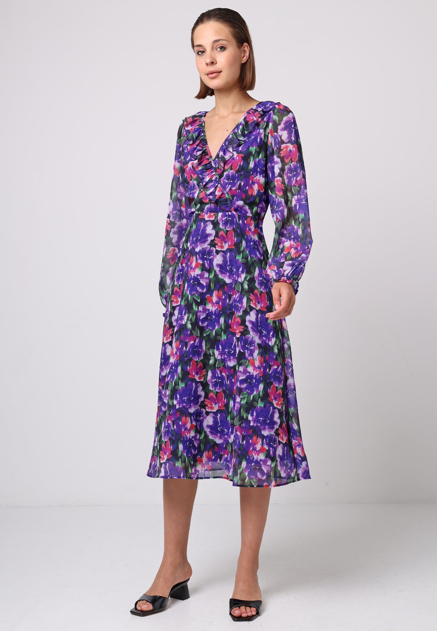 Faux Wrap Ruffle Detail Midi Dress in Purple Floral Print