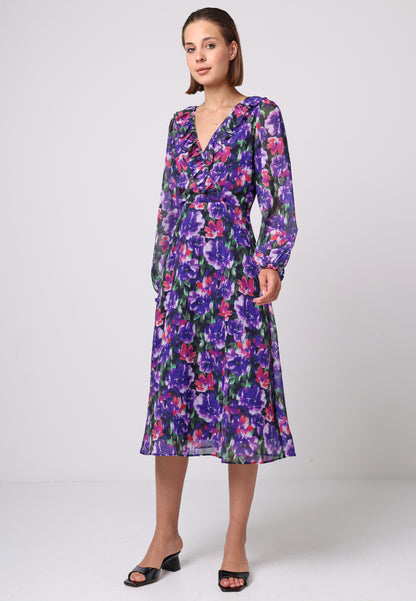 Faux Wrap Ruffle Detail Midi Dress in Purple Floral Print - ANGELEYE