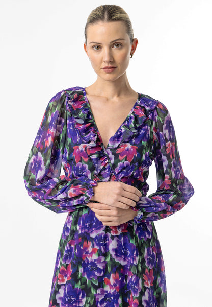 Faux Wrap Ruffle Detail Midi Dress in Purple Floral Print - ANGELEYE