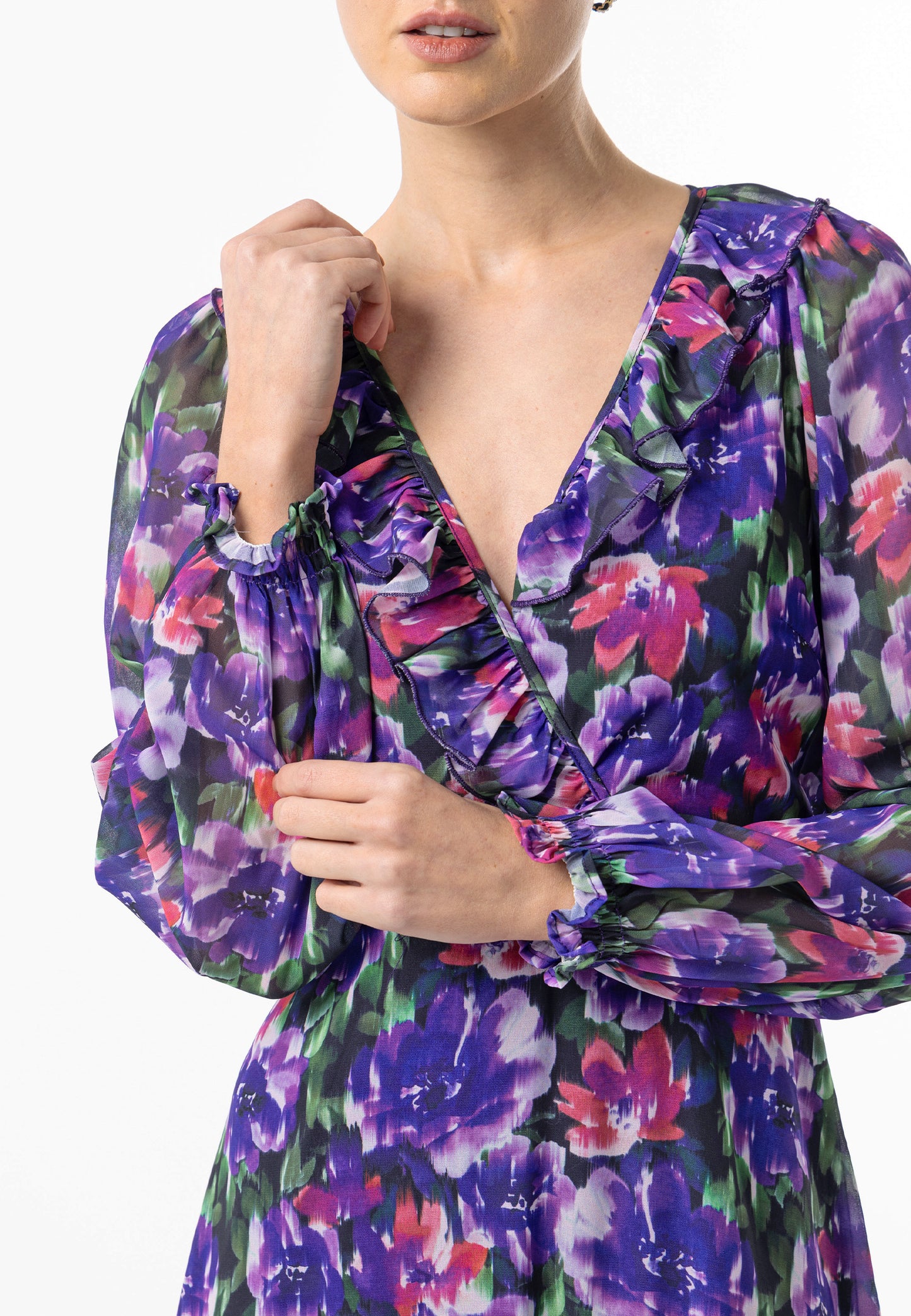 Faux Wrap Ruffle Detail Midi Dress in Purple Floral Print