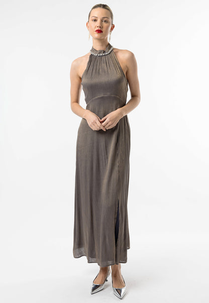 Beaded Halterneck Cocktail Dress in Brown - ANGELEYE