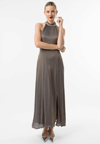 Beaded Halterneck Cocktail Dress in Brown - ANGELEYE