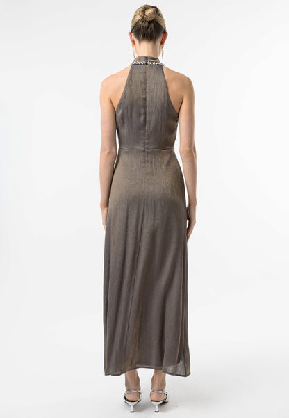 Beaded Halterneck Cocktail Dress in Brown - ANGELEYE