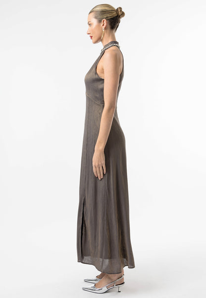 Beaded Halterneck Cocktail Dress in Brown - ANGELEYE