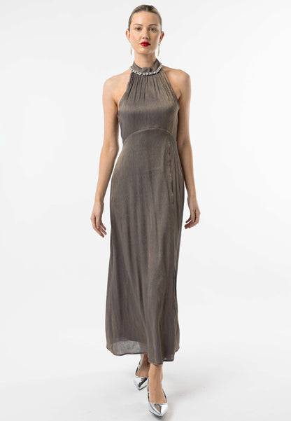 Beaded Halterneck Cocktail Dress in Brown - ANGELEYE