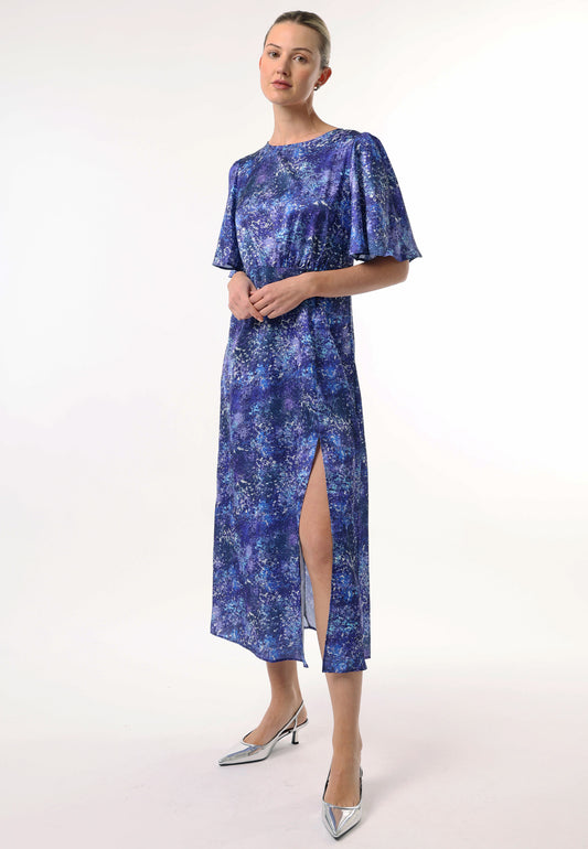 Angel Sleeves Midi Dress with Side Slit in Blue Multi Print - ANGELEYE